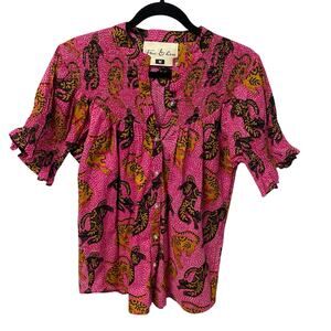 Fox & Hen Button Front Short Ruffle Sleeve Pink Big Cat Print Blouse Size Medium